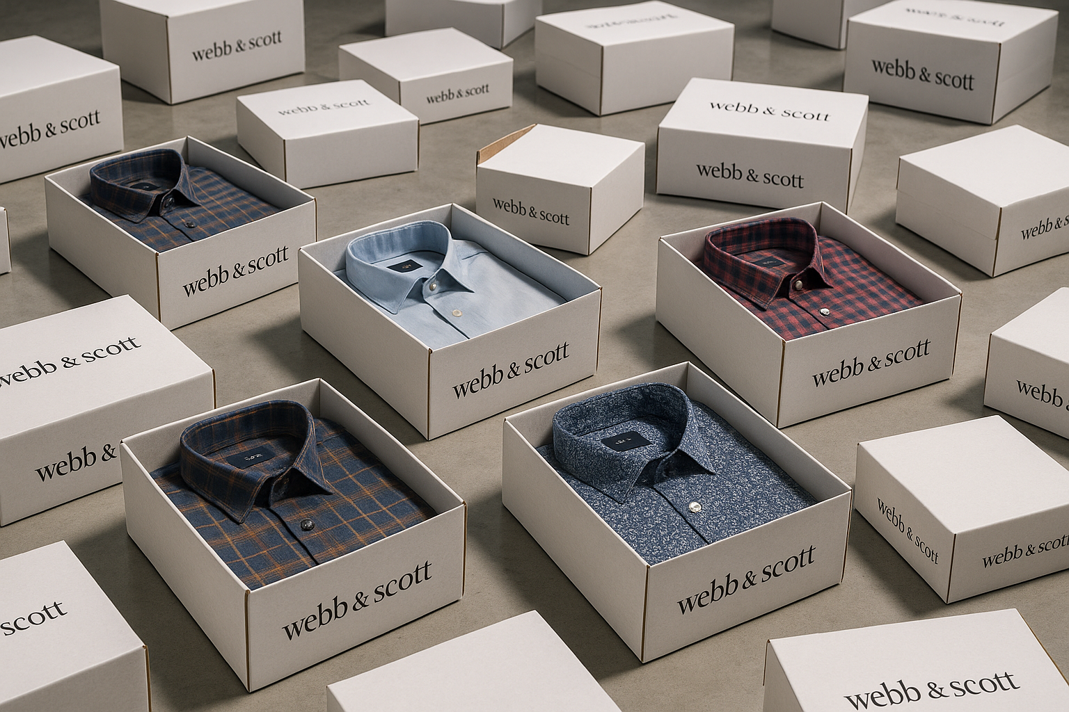 I want create pictures of white box having my brand name and logo. There are a lot boxes floor. Few of them having check shirts few plain and few designer. I need the pic in 8k